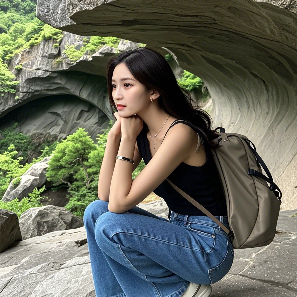 arafed woman sitting on a rock Backpack on her lap, Backpack, 🤬 🤮 💕 🎀, 2 d cg, Travel clothing, Ulzan, 8K)), sha xi, Flowing hair standing on the rock, Beautiful young Korean woman, That, amber, gongbi, Korean Girl, student, Cui Xianhua