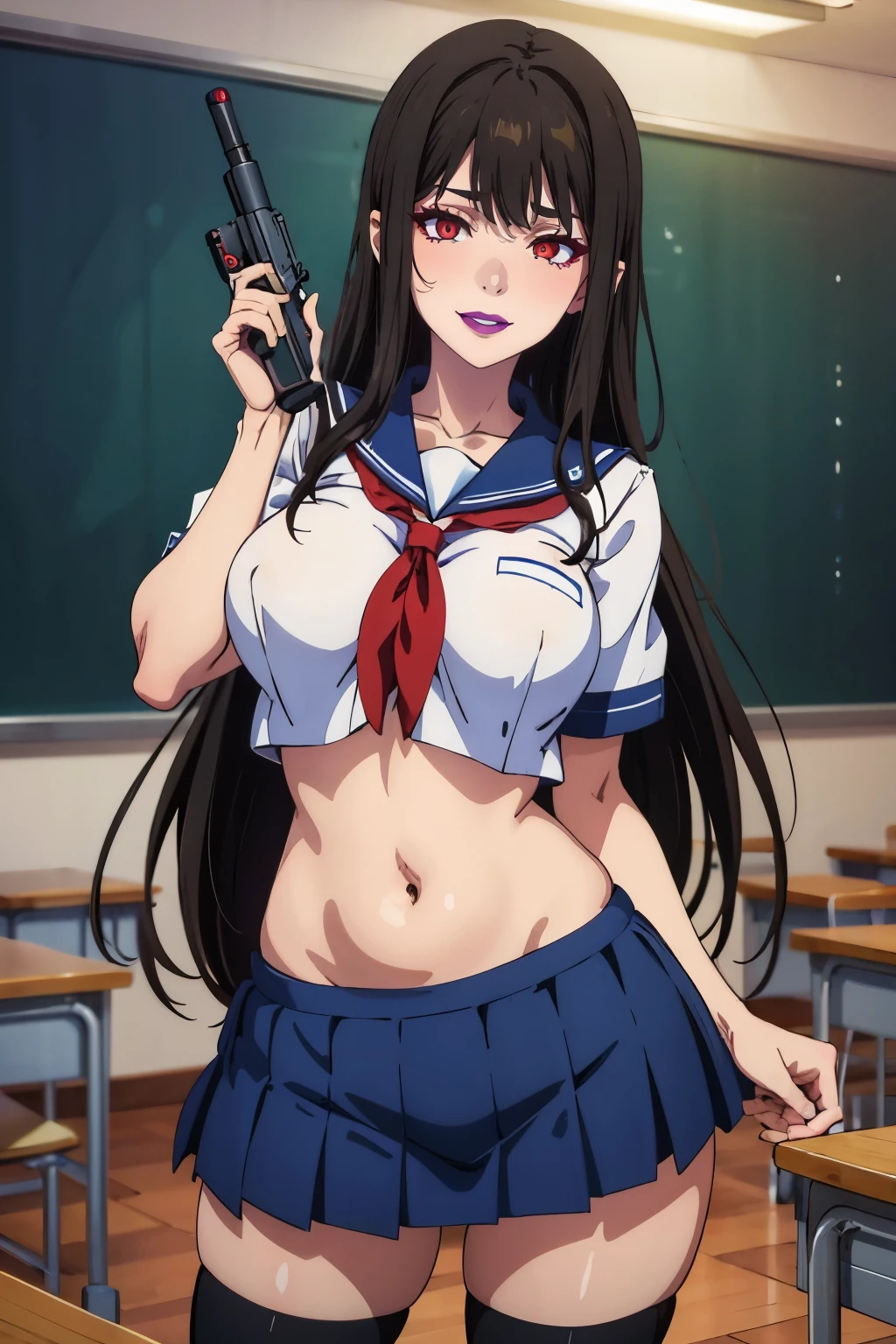 red eyes, long black hair, pink lipstick, makeup,  purple lips, black hair, long hair, large breast, blush, lipstick, long hair, crazy eyes , masterpiece, best quality, highly detailed, a anime girls in sailor uniforms with a gun posing for a picture,
evil smile, smile, open mouth,black_serafuku, ecchi anime style, anime girls ,
ecchi style, ecchi, shipgirls, digital anime art!!, high school girls, holding a gun, hold a gun, anime style 4
k, micro skirt, exposed belly, exposed navel, exposed midriff,
exposed lower belly,school, classroom, 