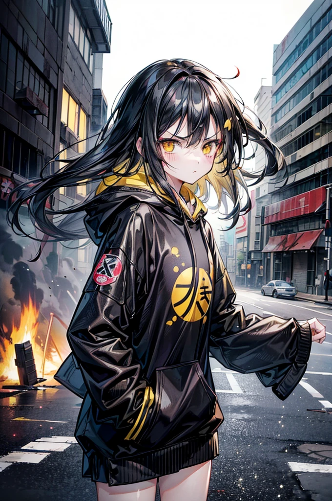 ((1 GIRL)) ((2d anime girl)), ((Japanese)) 18-year-old, ((2d anime girl)), ((dark-haired)), ((windswept hair)) ((ultra high quality)) ((4k UHD)) ((Best Quality)) ((Daytime)) ((yellow glowing eyes)), wearing a black hoodie sweatshirt with the slogan (("Lady Kaiju")) in black letters and (((blood splattered))) on it and her face, standing in the street of a ((ruined city)) filled with dilapidated ((sky scrapers)) and crushed vehicles and small fires all around and an ((angry)) ((Intimidating)) expression, standing on a giant monstrous footprint in the ground.