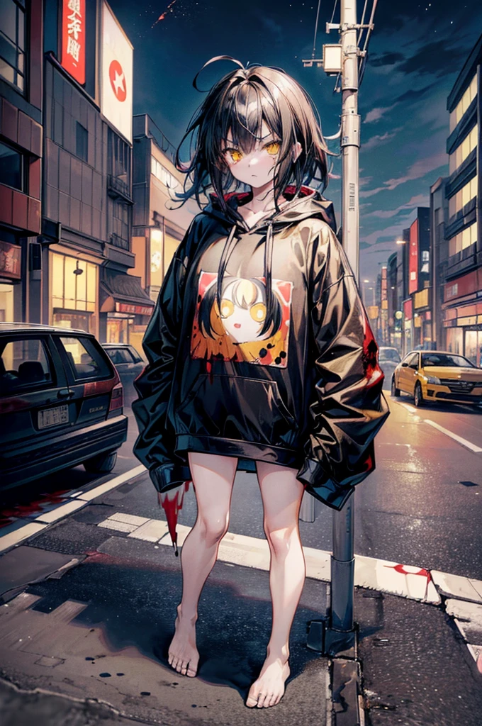 ((1 GIRL)) ((2d anime girl)), ((Japanese)) 18-year-old, ((2d anime girl)), ((dark-haired)), ((windswept hair)) ((ultra high quality)) ((4k UHD)) ((Best Quality)) ((Daytime)) ((yellow glowing eyes)), wearing a black hoodie sweatshirt with the slogan (("Lady Kaiju")) in black letters and (((blood splattered))) on it and her face, standing in the street of a ((ruined city)) filled with dilapidated ((sky scrapers)) and crushed vehicles and small fires all around and an ((angry)) ((Intimidating)) expression, standing on a giant monstrous footprint in the ground.