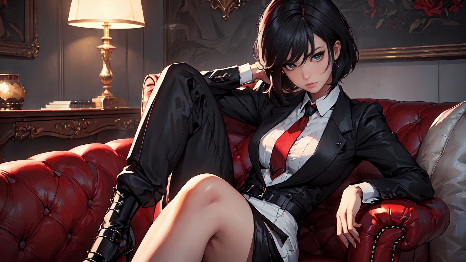 (Masterpiece, Best Quality, Ultra High Resolution , Digital Art,Beautiful and Aesthetic )Perfect proportions of the body especially the hands , not an ordinary perspective . .the whole body is covered by clothes. (strict posture , One Fashionable adult girl with a short oblique bob, slender figure, expressive and dominating look ) in modern men's suit in youth style , matte black color , lovely thin white but long tie , (silk thick threads of red color connect the necklines on the sides of the whole suit) , . The character sits on a large massive sofa with lots of leather and metal patterns on it in vintage style , an interesting and atmospheric pose that characterizes the character ,(Photorealistic style combined 2.5D . Realistic picture , realistic anatomy , beautiful perspective . Best image quality , depth , pastel color , Natural shading , focus on the face , Big Hair ( black with red gelding ) , well detailed eyes , detailed background in modern boudoir style . )