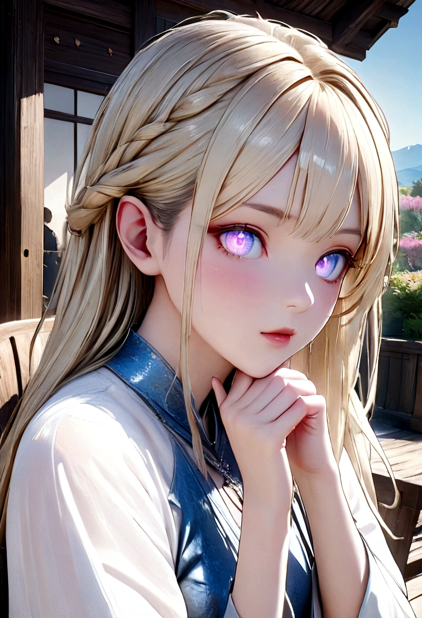 masterpiece, Highest quality, Portraiture, Fantasy-style tavern outdoor seating, Terrace Garden,1 Female Elf, Blonde,Sitting in a wooden chair,anime, 3d, Japan, Woman in her twenties, beautiful瞳, 笑face, face, (Thinking pose with hands on chin),Silk dress, beautiful, colorful, Smooth skin, figure, Art Station, , front, Shorthand, 8K Highly Detailed, Smooth, High resolution, super high quality, Highly detailed eyes, Highly detailed mouth, 非常に詳細なface, Eyes are perfect, both eyes are the same, True Light, Shine, Iridescent, real hair movement, 本当のface, High resolution, 2k, 4K, 8K, 16K, Realistic Light, Realistic shadow, Glowing Eyes , Fluorescent eyes, Soft Light,Long shiny hair,
