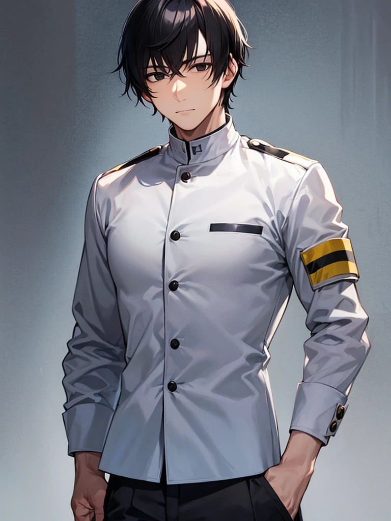 An adult man with black hair and black eyes, wearing a white uniform