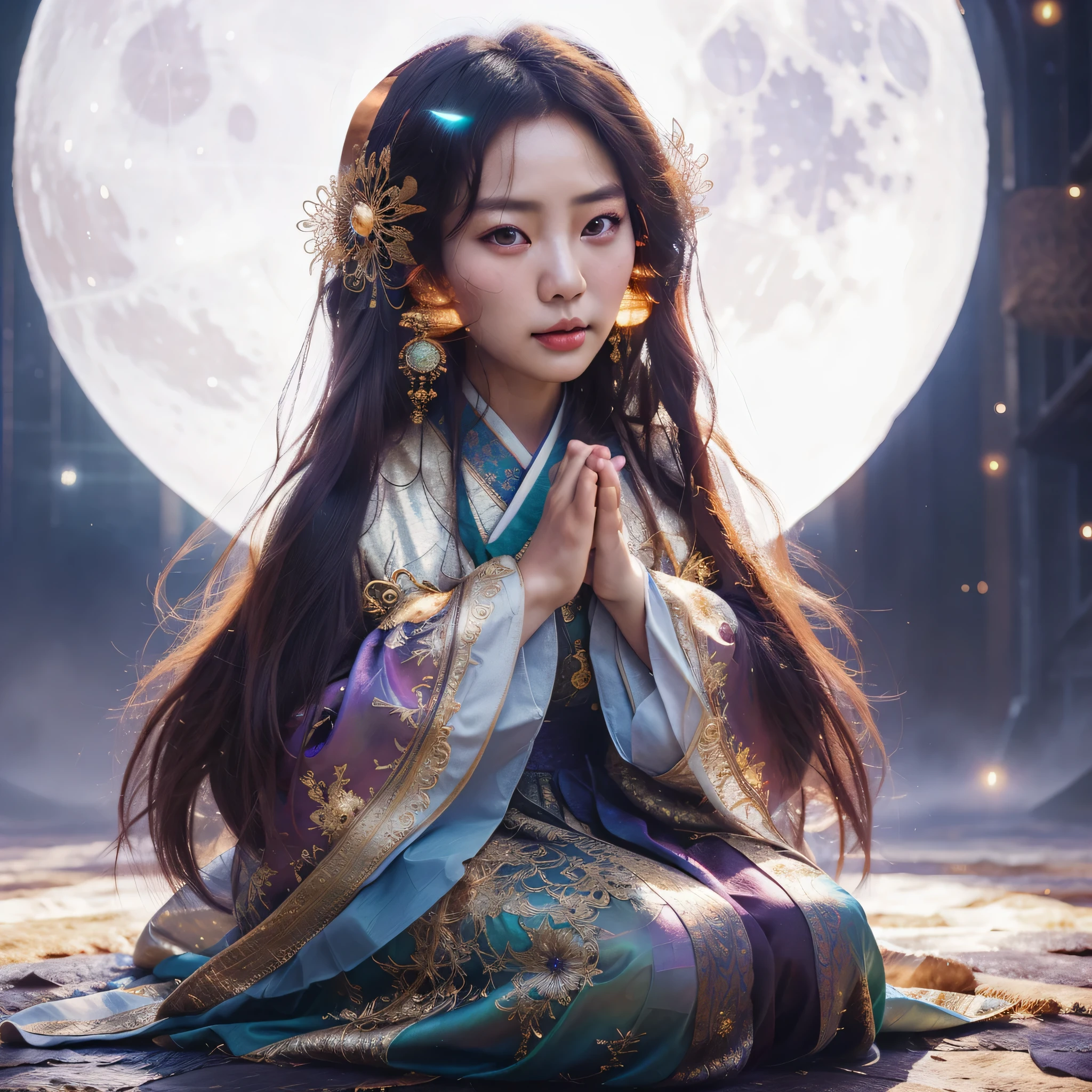 a cute Korean large-eyed woman prays, glossy and shiny skin, slight smile, full body, kneeling, long hair, hands on ground, beautiful detailed medieval clothes, dark moody quality, fantasy art, digital art, delicate lines and textures, pretty, full moon, unrealistic iridescent sky landscape, magical substances,
fantastic landscape, surrealism, cinematic, vivid colors, rich colors,
light and shadow, three-dimensional lighting, combination of various colors
and shades, a lively