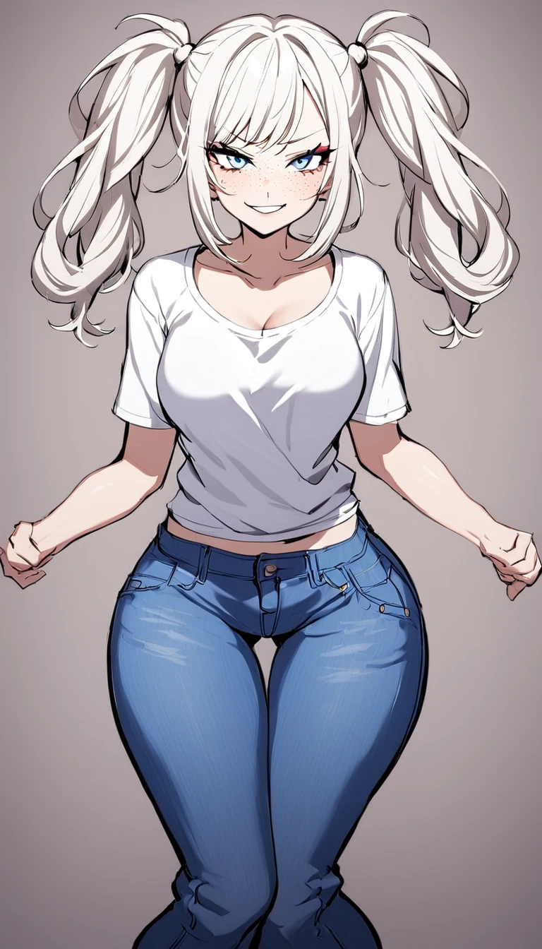 1 Girl, Full Jeans that cover legs, Baggy T Shirt, Medium Breasts, Blue Eyes, Platinum White Hair, Twin Tail Hair Style, Pale White Skin, Smooth Skin, Face Freckles, Nice Cleavage, Slutty, Sexy, Sassy, Smirking, Tease, Teasing