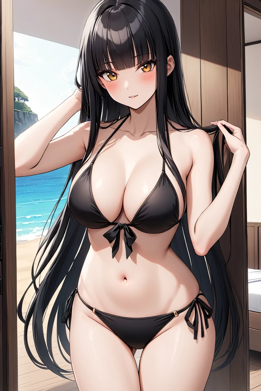 Black hair long straight　Straight Hair　Smooth and straight hair　Straight bangs　Half-top bikini　A sneak peek　Seaside hotel