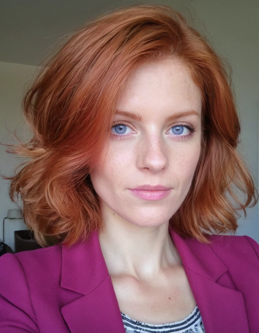 une belle femme, 32 ans, cheveux roux courts, yeux marron chatoyants, avec , avec a purple and pink blaser, jupe, et fond blanc, Détails complexes,