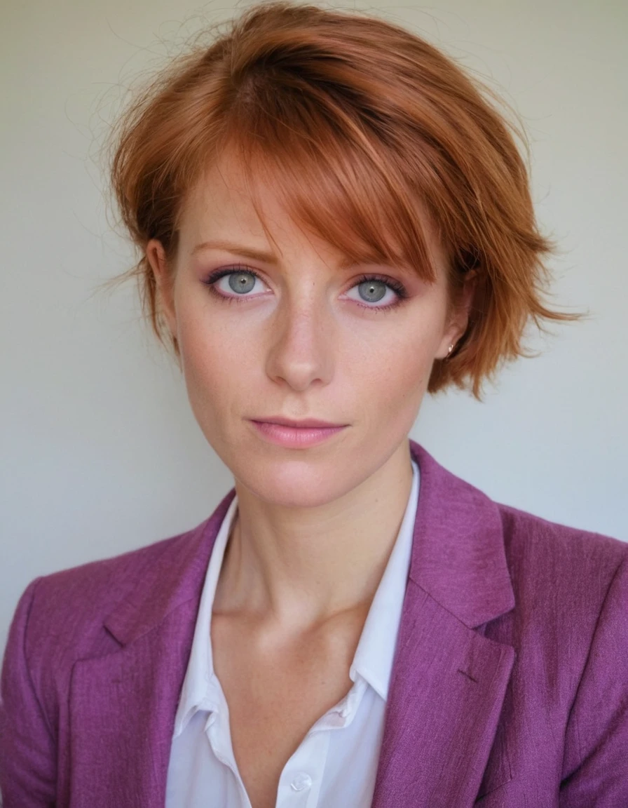 une belle femme, 32 ans, cheveux roux courts, yeux marron chatoyants, avec , avec a purple and pink blaser, jupe, et fond blanc, Détails complexes,