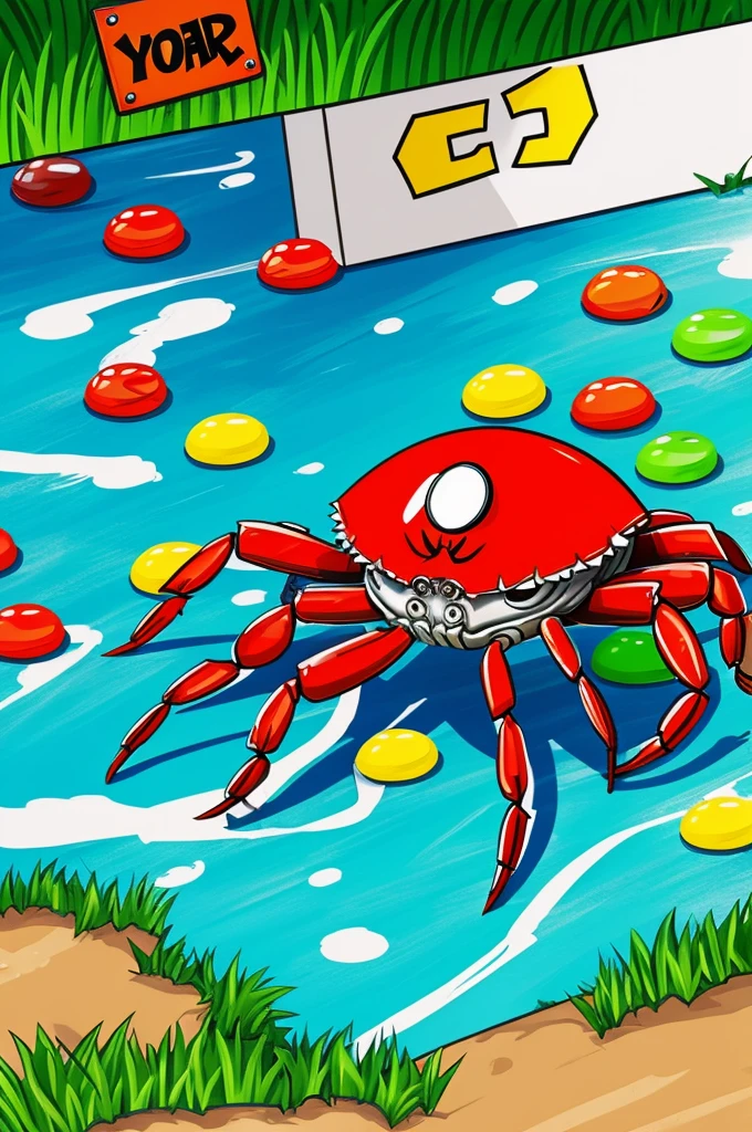 You can draw a crab in a cartoon style playing paint ball in a paint war.