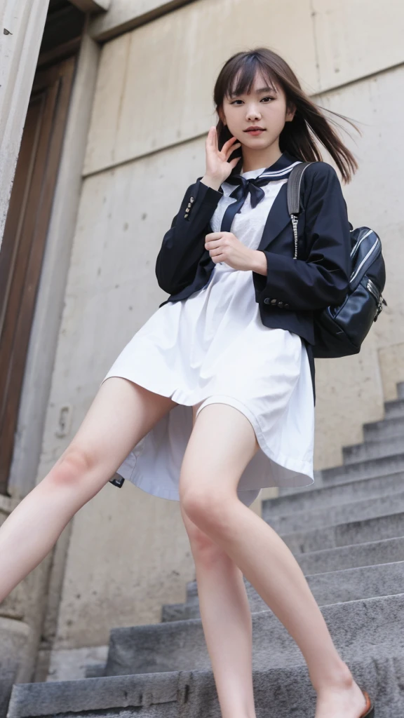 (((Composition from below、Ultra-high resolution:1.5)))、Japanese 、A scene of a walking down stone stairs on the way to school、Wearing 、Uniform Details、White blouse、Blue sailor suit collar and ribbon、Blue mini pleated skirt、barefoot、Slip-ons、Black hair shoulder length、The bangs are lightly parted、Hair is smooth、Swaying in the strong wind、Eyes are large、Clear brown eyes、Long and delicate eyelashes、Carrying a big black backpack、His right hand is lightly touching the handrail of the stairs、The stairs are made of historic cobblestones、Sunlight gently illuminates、Skin is radiant with a healthy tone、