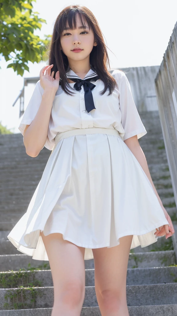 (((Composition from below、Ultra-high resolution:1.5)))、Japanese 、A scene of a walking down stone stairs on the way to school、Wearing 、Uniform Details、White blouse、Blue sailor suit collar and ribbon、Blue mini pleated skirt、barefoot、Slip-ons、Black hair shoulder length、The bangs are lightly parted、Hair is smooth、Swaying in the strong wind、Eyes are large、Clear brown eyes、Long and delicate eyelashes、Carrying a big black backpack、His right hand is lightly touching the handrail of the stairs、The stairs are made of historic cobblestones、Sunlight gently illuminates、Skin is radiant with a healthy tone、