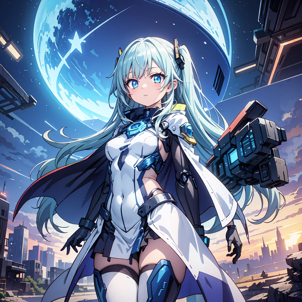 Anime, 2 Characters, (1 Little Anime Girl, Silver Blue Hair, blue glowing star-shaped eyes); (1 Robot, Mech, Tall, Cape, Luminous Eyes, Chunky, Fantasy, Lights, outdated, old style, bronze silver), Nature, Biomes with mountains