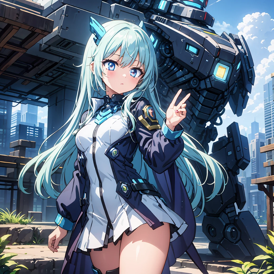 Anime, 2 Characters, (1 Little Anime Girl, Silver Blue Hair, blue glowing star-shaped eyes); (1 Robot, Mech, Tall, Cape, Luminous Eyes, Chunky, Fantasy, Lights, outdated, old style, bronze silver), Nature, Biomes with mountains