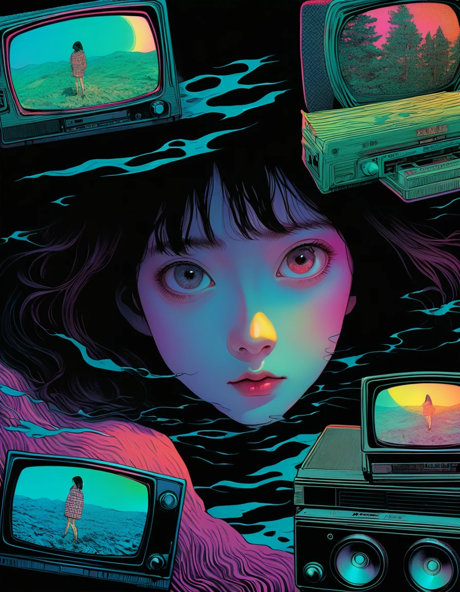 An illustration、art、Supervised by Junji Ito、Hidden Images、double image、double image、High detail, Realistic shadows、Analog Style, VHS style, 8mm film, chromatic aberration, DVD Screen Grab、Complementary Gradient、Surrealism