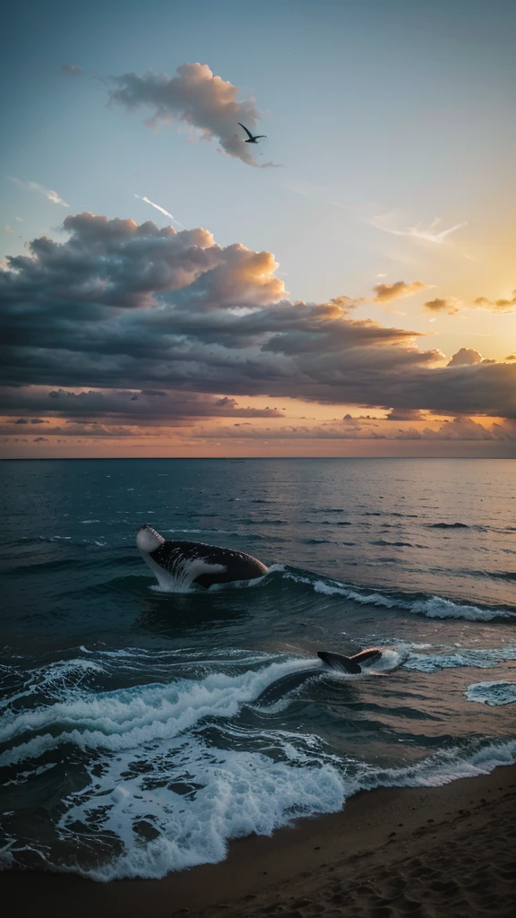 Two whales are flying in the clouds, dusk, below there is a beautiful beach, a couple is walking and enjoying the view, realistic 8k