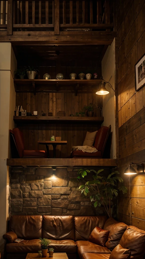 A wooden cafe, with warm lights. Outside windows raining. Fairy light. At the corner have red sofa, a wooden table. On the table have hot coffee and a book. With frames and big green plant at the corner. Have a few wooden tables and chairs too. 