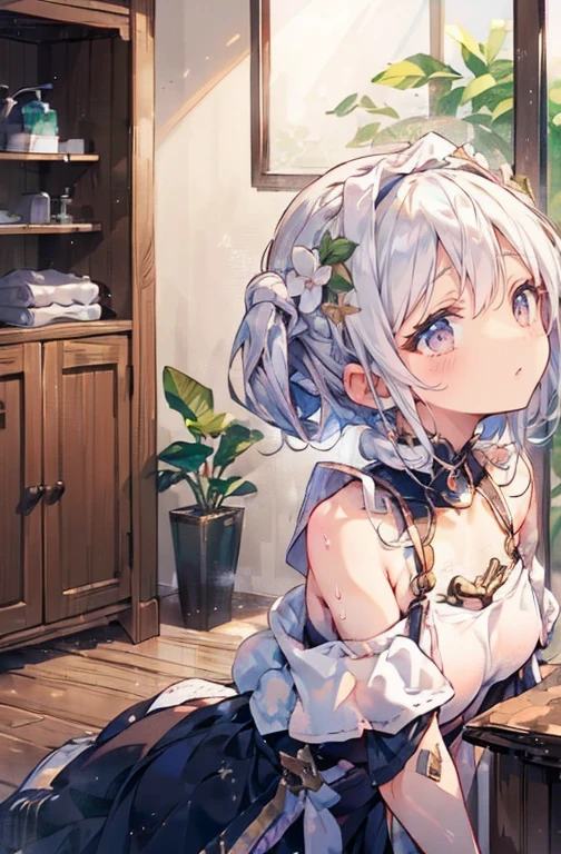 (((Immerse yourself up to your shoulders in your home&#39;s bathroom unit:1.7))),(((flannel:1,7))),(((Cover the chest with a towel:1.7))),(((night lighting:1.3))),Breast movement,cheeks turn red、smile shyly,BBW,(beautiful girl)、(Short Hair with Bright Silver and Orange Inner Color,flower hair ornament,Floral Braided Top Knot,Ponytail with Twisted Side Part,floral braided tiara,Half-up、floral braided space bun,voluminous fishtail braid,Twisted pan,),(The fringe is transparent),(((emphasize the chest:1.3))),(dynamic angle),(Dynamic and sexy pose),(Lean forward:1.3),(((A worthy statue))),(((clip,necklase,aretes))),breasts big,blushing with shame,dreamy eyes,A smile that confuses the viewer,skin shining with sweat,Look at the Beholder,topless,48 years old ,topless,Disruption of clothing due to movement,pointy red mouth,perfect round face,,proper body proportions,details Intricate,Very delicate and beautiful hair,realistic footage,dream like,professional lighting,realistic shadow,focus only,beautiful hands,nice fingers,Detailed finger functions,Detailed characteristics of clothes,Detailed characteristics of hair,detailed facial features,highest quallity,Ultra high resolution output image,) ,(8 k quality,),(sea art mode 2.1),(Ultra HD picture mode,)