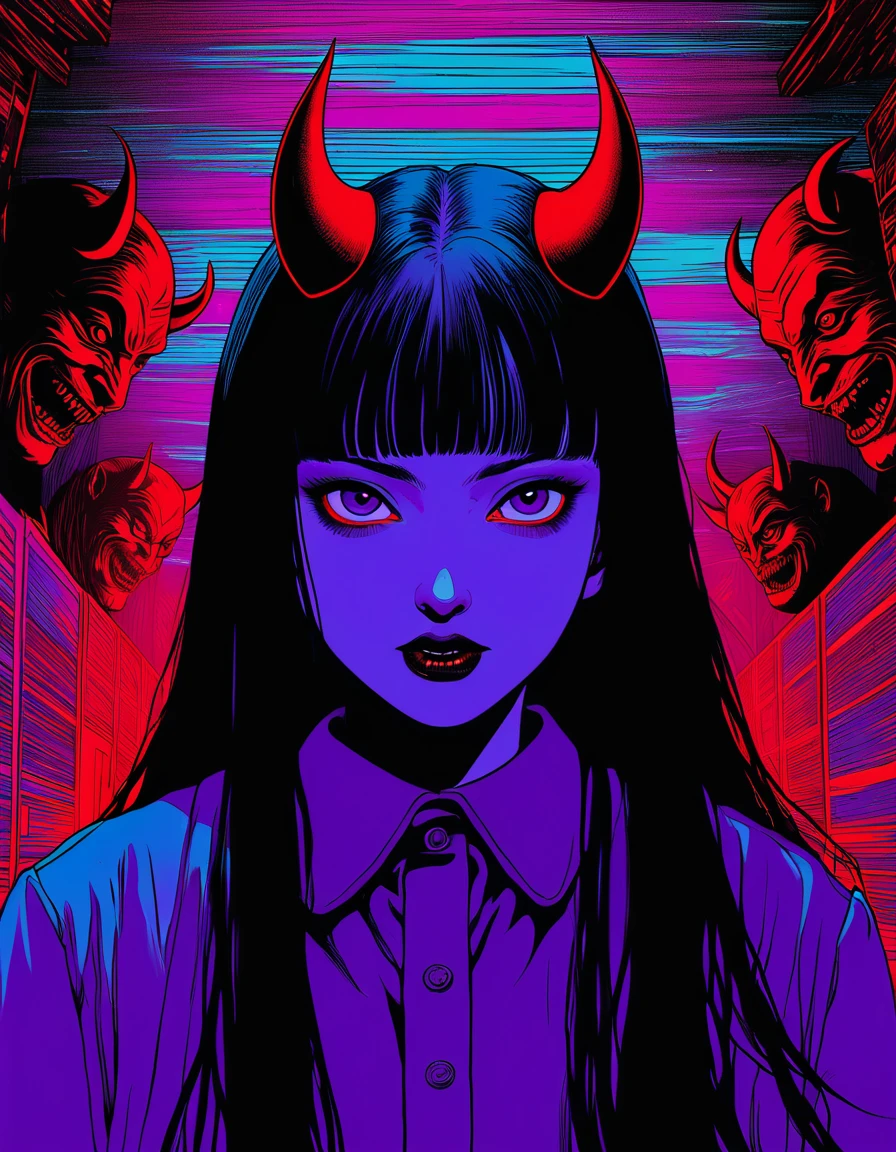 illust、art、from 80s horror movie, directed by Junji Ito、nightmare、hell、devil、high detail, realsitic shadow、Analog style, vhs style, 8mm film, chromatic aberration, Dvd screengrab、Blue-purple and red-purple gradation、Surrealism
