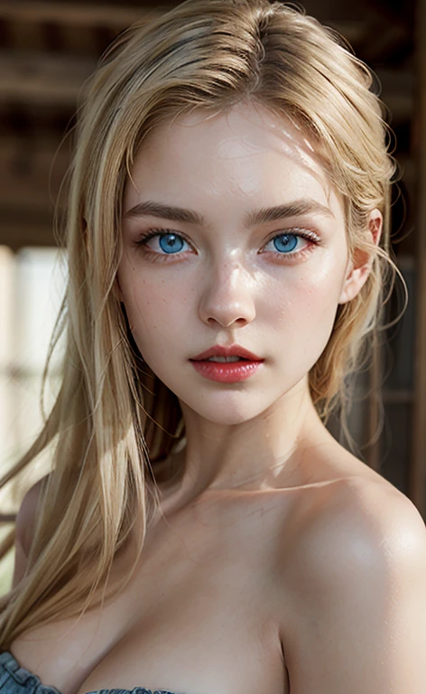beautiful blonde girl, with striking blue eyes and red lips. realistic photo, Masterpiece