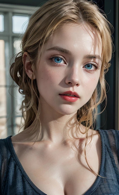beautiful blonde girl, with striking blue eyes and red lips. realistic photo, Masterpiece