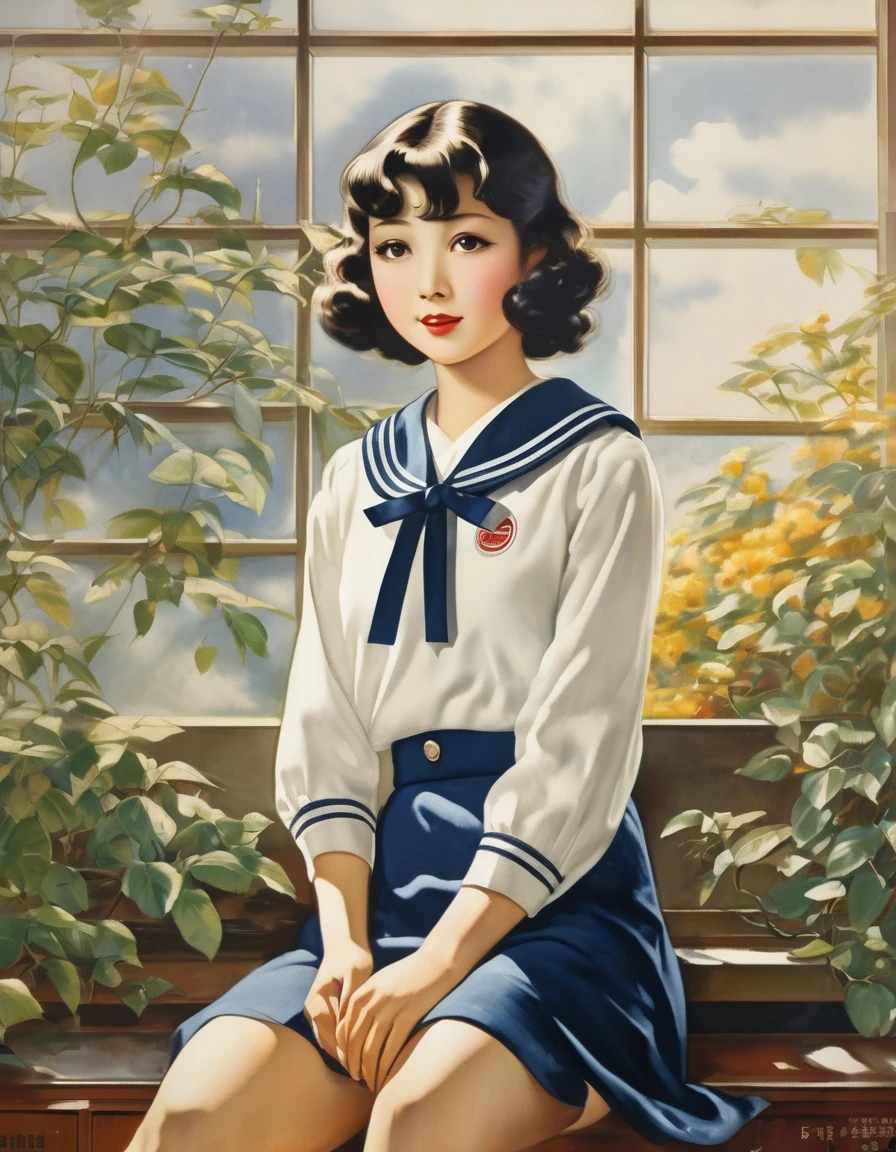 Highest quality、masterpiece、Japanese posters from the 1930s、Realistic、Retro Image、A Japanese 、18-year-old、Long sleeve sailor suit、Bob Hair、skirt、Close-up