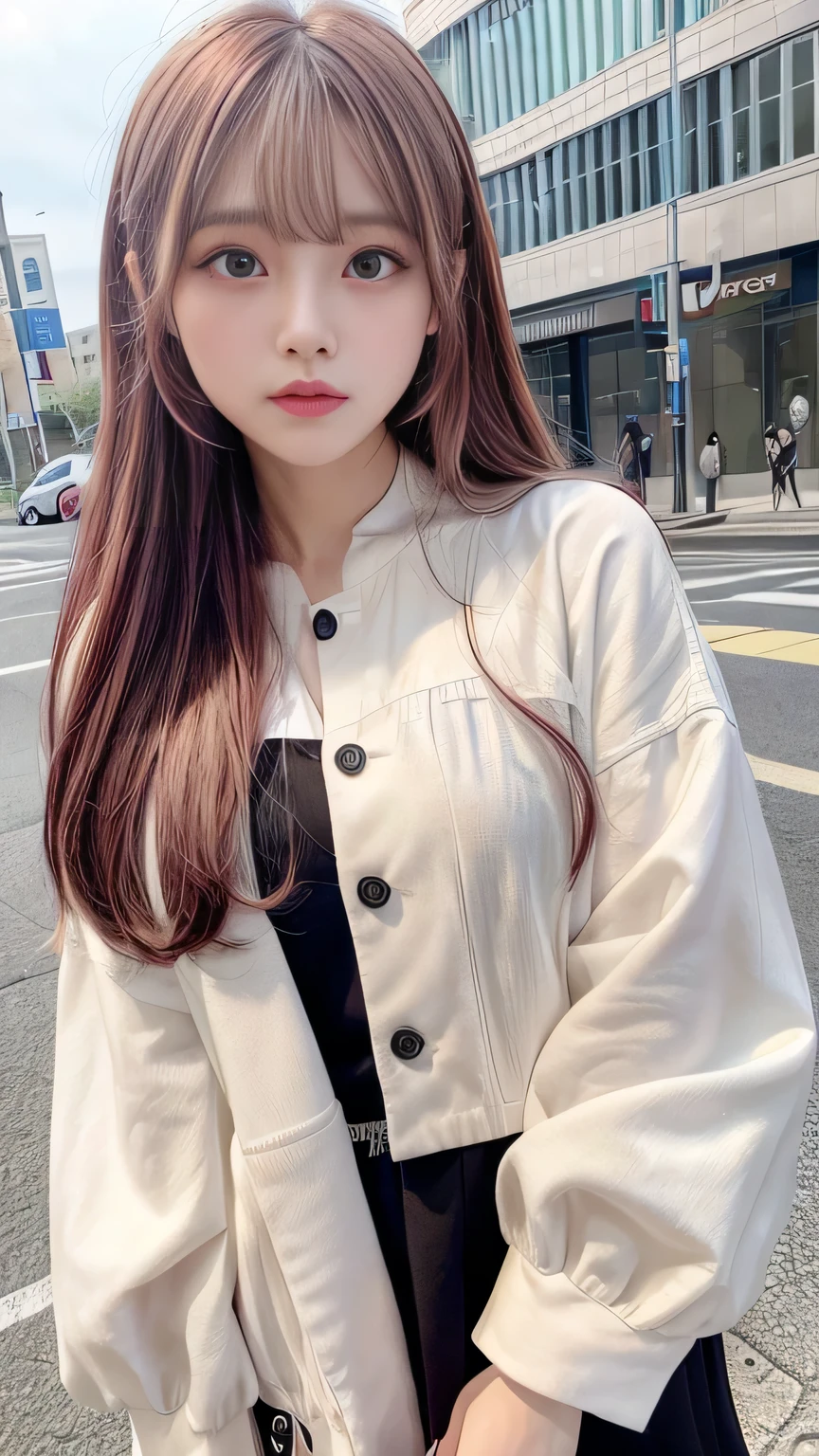 Multicolored hair color、Bangs on the face、Bangs between the eyes、A strong wind blows my hair in front of my face、Beautiful big sparkling eyes, Cute eyes hidden by long bangs、Yawn、No visible nasolabial folds、Short micro mini skirt、Multicolored patterned blouse、、Blonde French braid hair