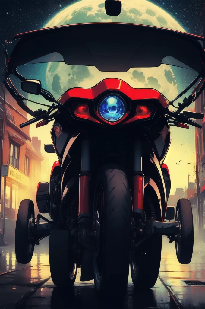 (masterpiece), (Highest quality), (The finest details), (Overall view of the distant view), (Postage stamps),(The main color of the illustration: Bright saturated red), (Secondary Color: lapis lazuli), A red cafe racer bike driven by a woman in a rebellious pose, very detailed chassis, Futuristic Western Landscape, night (Many Stars, moon), shading (detailed, Very contrasting), Very saturated pulp colors