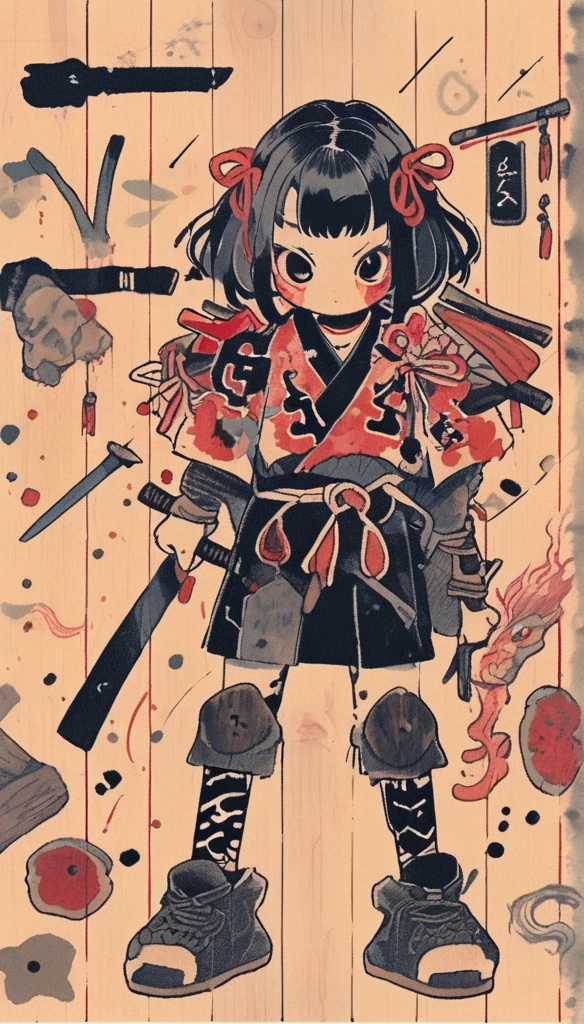 japanese line art , a samurai( tied up to a wooden steak with several arrows stuck in him,:1.2) lower body missing visible skeletal structure , ripped rags, rope and bloody ground, black skies and large moon , floral damask background , in the style of takato yamamoto ,
