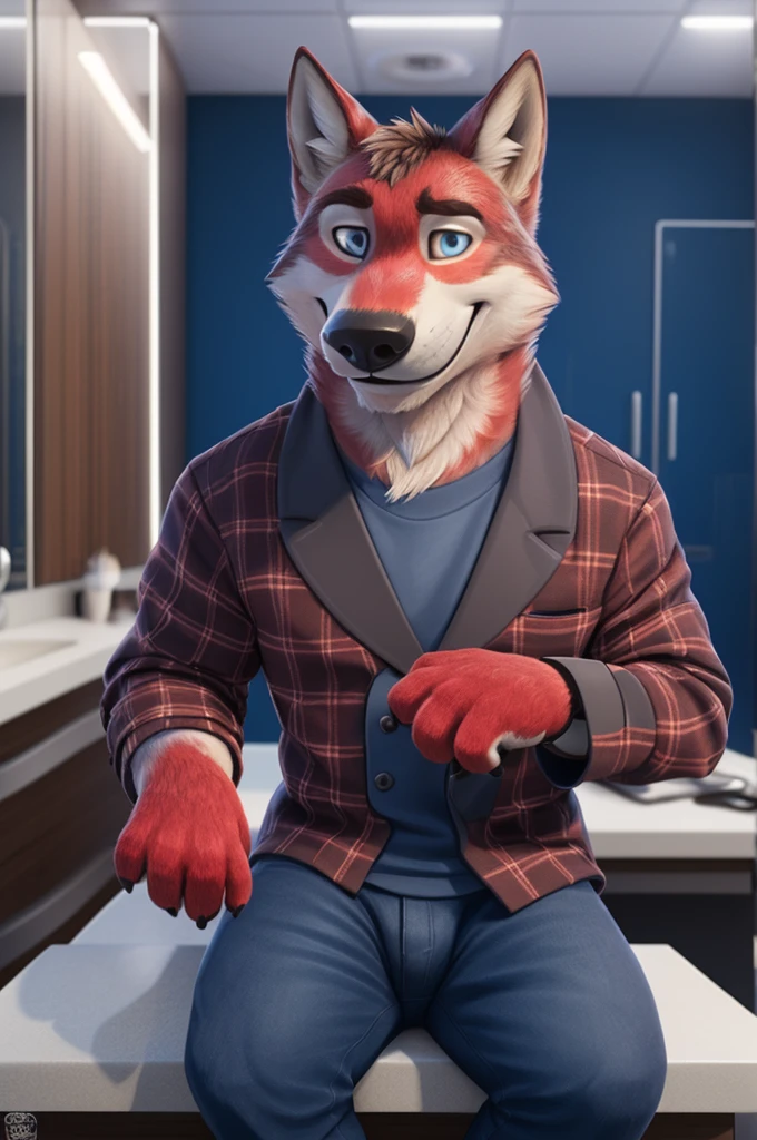 Ivan Fedorovich Wolfbach (Novosibirsk) ,tall handsome, wolf,young, 24 years, brown fur,Kind,(red body:1.3),beautiful blue eyes,Novosibirsk,dressed, plaid shirt, jeans,canine, wolf, detailed fur, male,paw pads, finger claws,At the viewer, 5 fingers, paws, 5 fingers, smile, wrist watch, т nextel,by xenoforge, (difficult, high detail, digital photography, soft focus, RAW variety работает парикмахером,Very close to the camera, variety,Novosibirsk, smile, good mood, positive, Very close to the camera, plaid shirt, blazer, holding scissors, At the hairdresser, Stylist,
Photorealism, realistic, photorealistic, digital style, Subsurface scattering,I look at the viewer,is sitting, looks at the mirror, men's cosmetics, perfume perfumery, plaid shirt,
masterpiece, Best quality, ultra realistic, 8 thousand.)