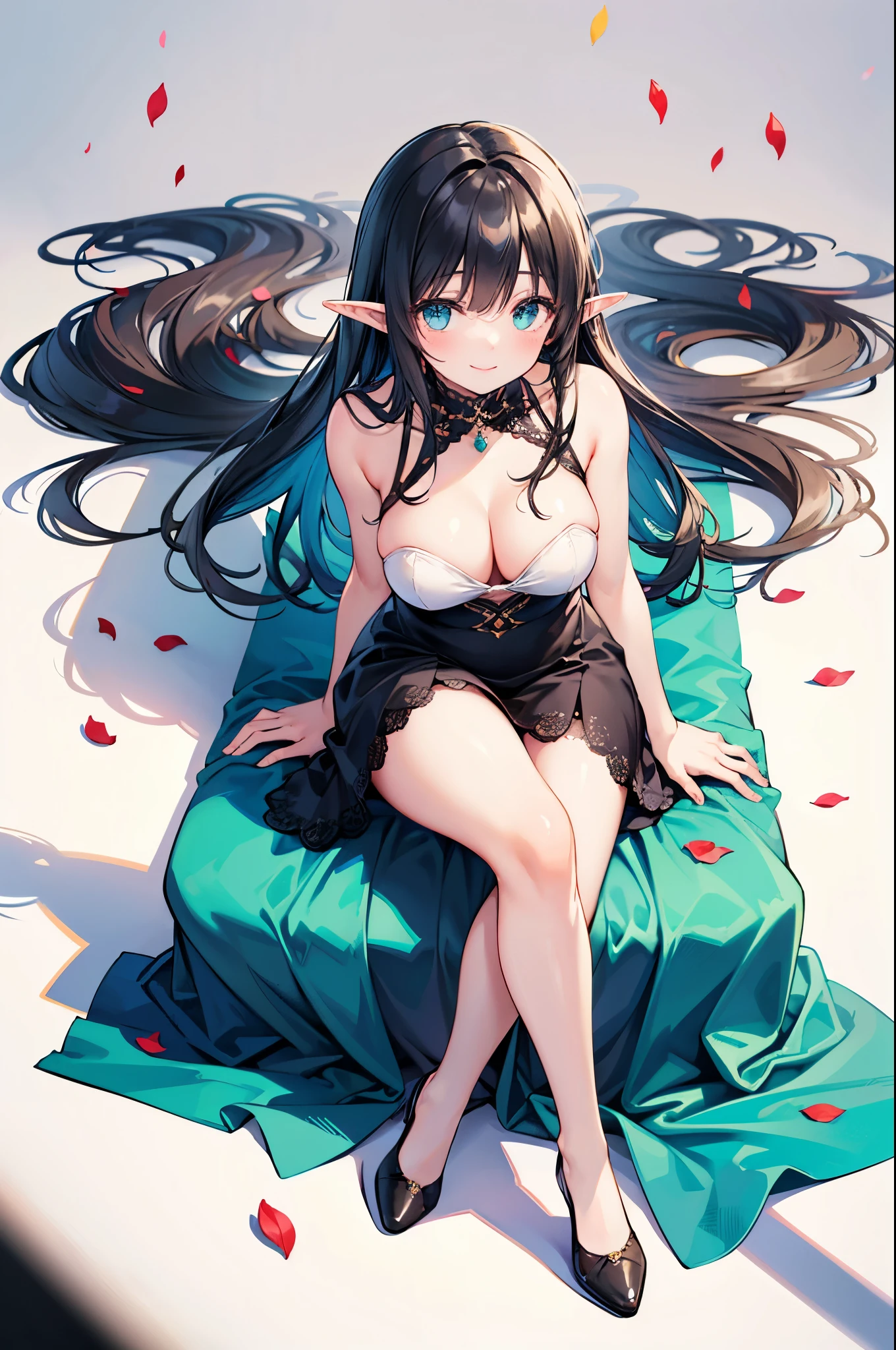 realistic image, detailed image, coherent image, 1 beautiful elf, she has very long hair, black hair, turquoise eyes, smiling, She is wearing a dress, showing her legs, She has a curvy body, medium breasts and thick thighs , She is sitting, posing sensually, arching her back, sprouting breasts, full body view, view from above, flower petals falling around, background surrounded by flowers, Soft focus, Dramatic shadows, Volumetric lighting, natural lighting, illumination artificial, white background, soft background,bzyyzg \(manaka nemu\)