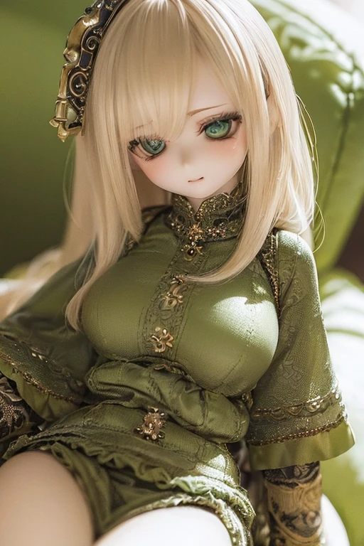 photorealistic, realistic photo, ((highest quality)), ((masterpiece)), (extremely detailed), kukolnydom, doll, (mature woman:1.6), solo, sitting on sofa, green eyes, (reclining on sofa, looking away, blank eyes, empty eyes, detailed eyes:1.3), (light smile), dress, museum, 8k