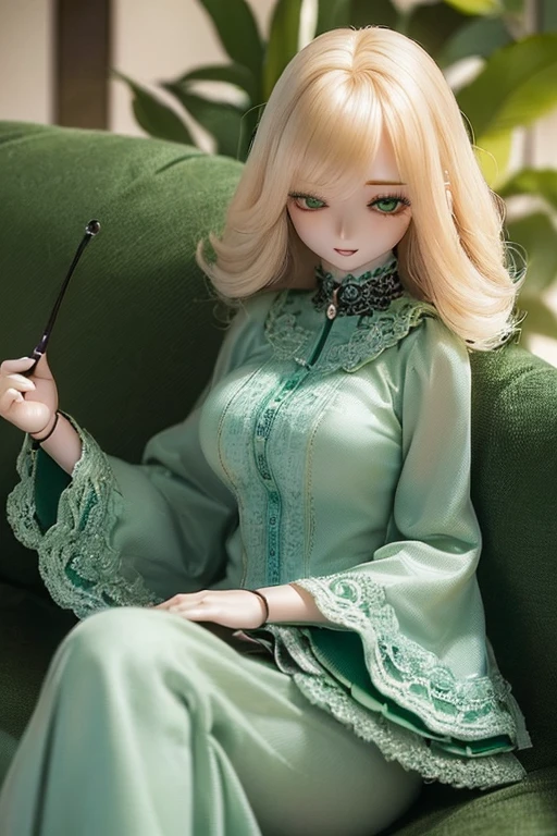 photorealistic, realistic photo, ((highest quality)), ((masterpiece)), (extremely detailed), kukolnydom, doll, (mature woman:1.6), solo, sitting on sofa, green eyes, (reclining on sofa, looking away, blank eyes, empty eyes, detailed eyes:1.3), (light smile), dress, museum, 8k