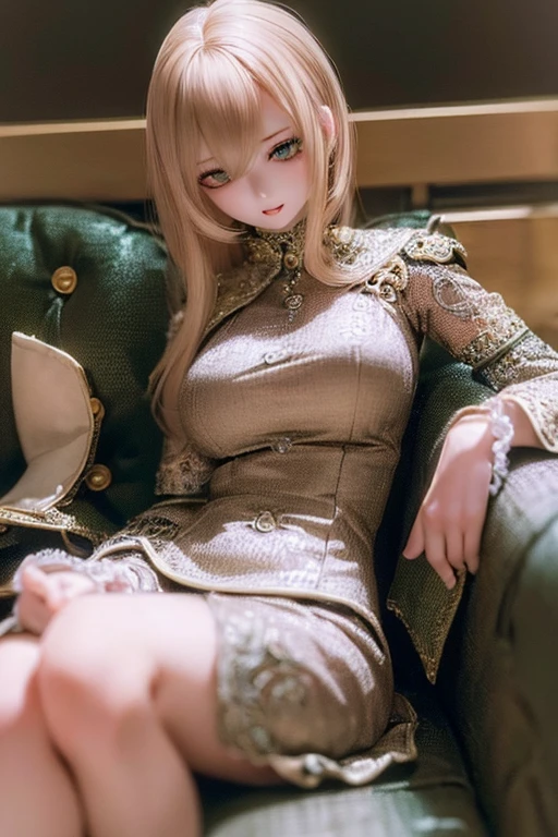 photorealistic, realistic photo, ((highest quality)), ((masterpiece)), (extremely detailed), kukolnydom, doll, (mature woman:1.6), solo, sitting on sofa, green eyes, (reclining on sofa, looking away, blank eyes, empty eyes, detailed eyes:1.3), (light smile), dress, museum, 8k