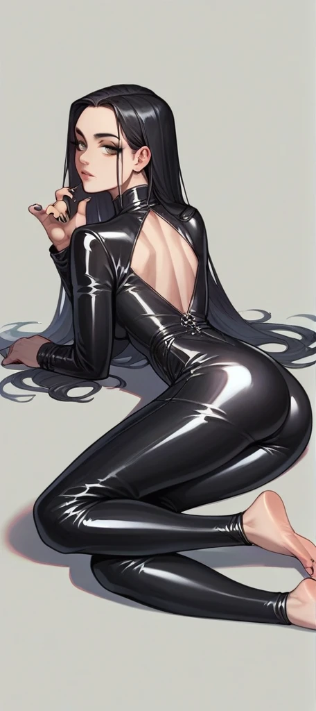 High quality 8k a realistic beautiful pale-skinned woman with black hair and tight leather suit with long leather pants shows her beautiful feet with black toe nails