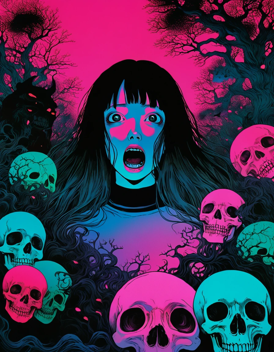 illust、art、directed by Junji Ito、anxietyの立像、nightmare、anxiety、Double Image、high detail, realsitic shadow、Analog style, vhs style, 8mm film, chromatic aberration, Dvd screengrab、Complementary color gradient、Surrealism
