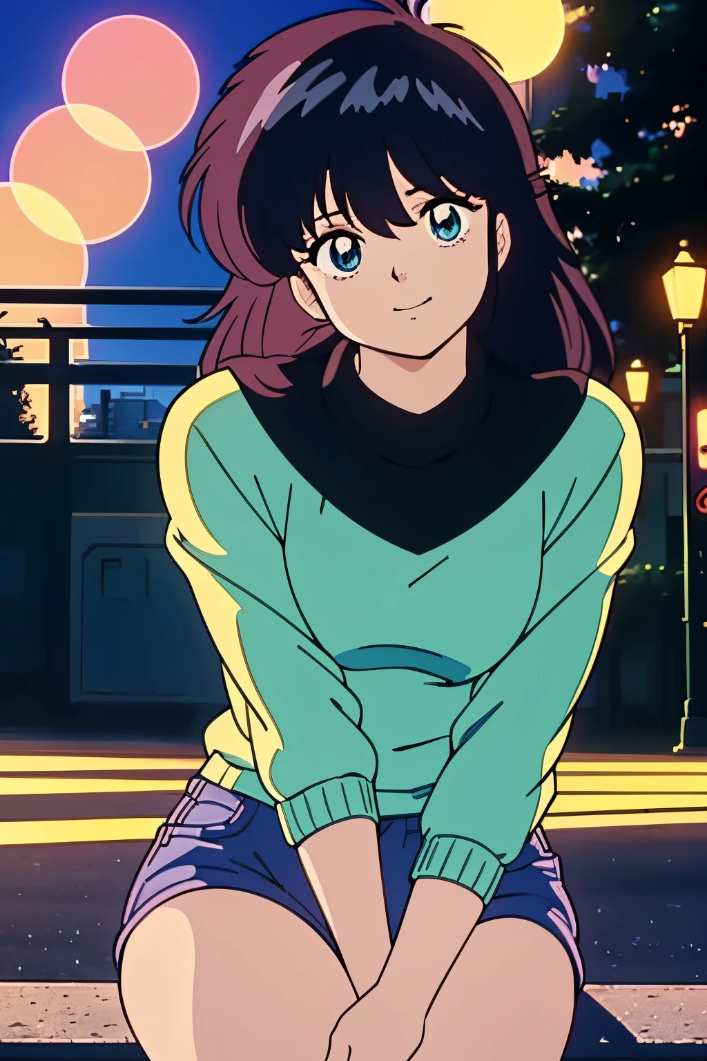 high quality, masterpiece, best quality, anime screen cap, park, night, shadows, shadows, blue lights, neon blue lights, bokeh, bokeh effect, tokyo, 80s, 80s tokyo night, 1girl, tired eyes, exhauted eyes, tiredness, fatigue, smile, sitting, pink sweater, jeans, dark blue hair, Arms Down, ((Perfect Anatomy, beautifull detailed face, Beautiful detailed eyes, beautiful detailed hair, Beautiful detailed body)), thick outline, Beautiful outlines, black outlines
