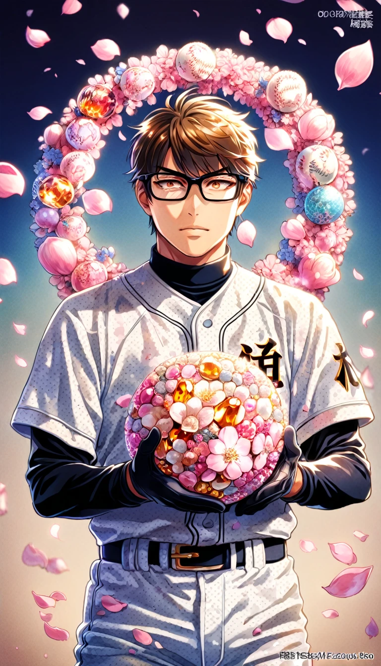 absurdres, highres, ultra detailed, HDR, master piece, Miyuki Kazuya, brown hair, expressive amber eyes, black glasses, white beisbol uniform, black gloves, Diamond No Ace, sexy man, handsome, best quality, blossoms, pink petals, pink flowers, fantasy, magical, solo,