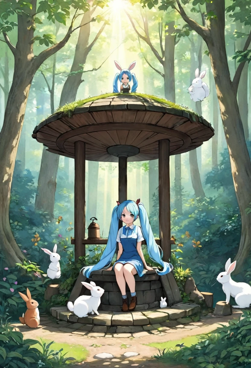 An old well in the forest, a beautiful girl with long light blue hair and twin tails, and rabbits and squirrels around the well.