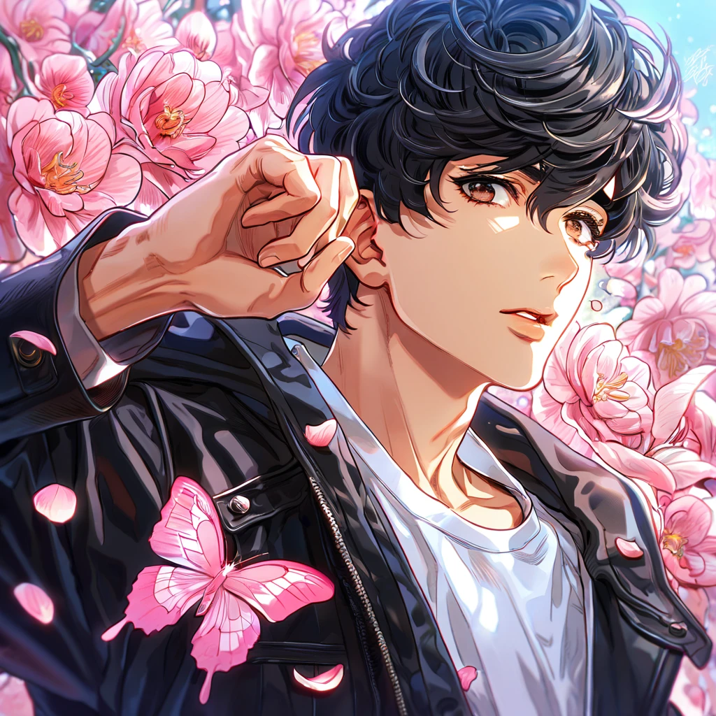 absurdres, highres, ultra detailed, HDR, master piece, best quality, Okumura Eiji, black hair, expressive brown eyes, banana fish, solo, sexy man, handsome, black coat, white shirt, fantasy, shining, pink flowers, pink blossoms, pink butterflies, pink petals
