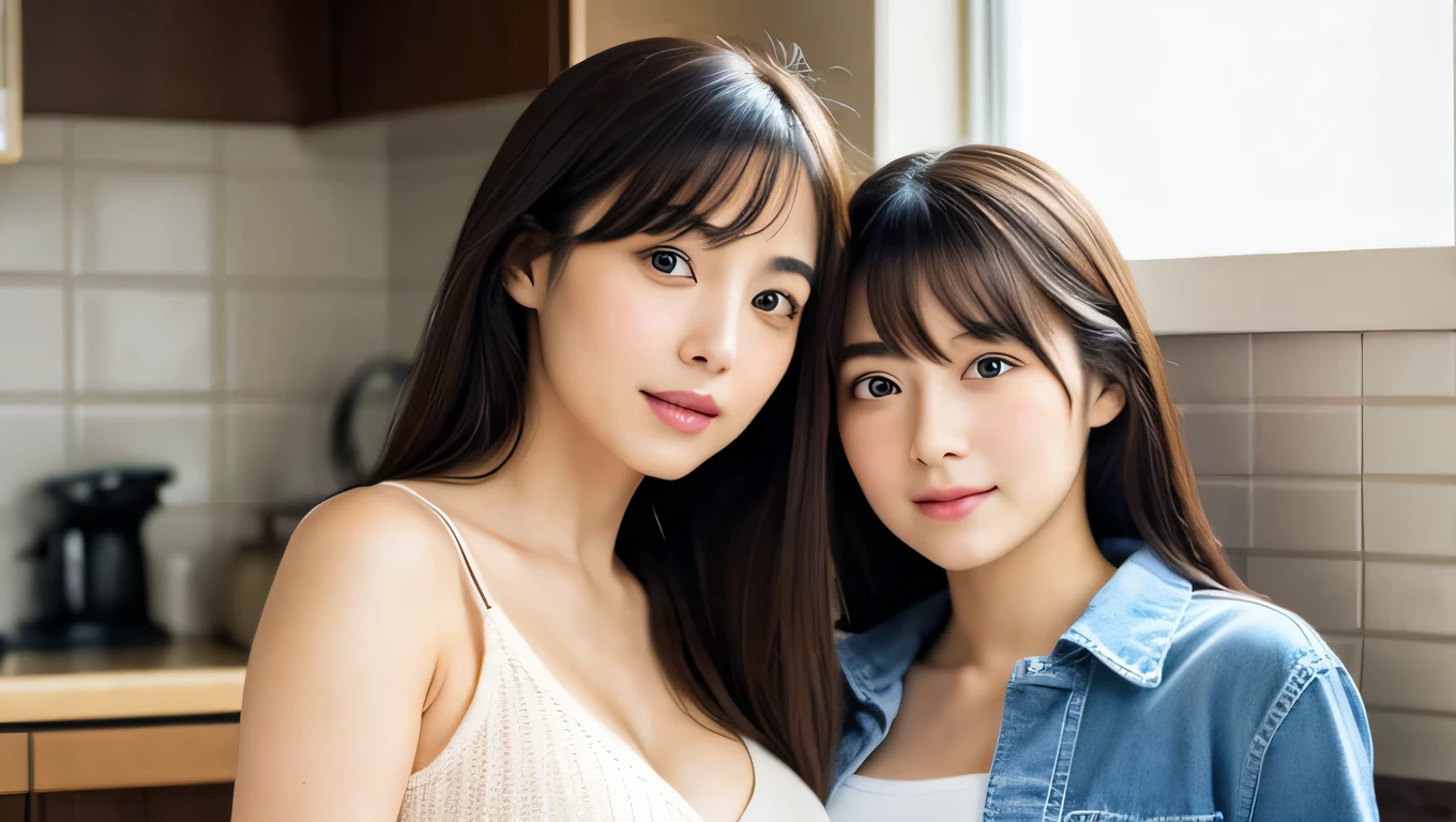 Ultra-realistic、high resolution、High resolution 8K photo-realistic images。A scene showing two Japanese sisters with completely different looks together。My sister has big breasts, a beautiful face, and long black hair.、Gentle eyes、With an elegant atmosphere。My sister is short and has short brown hair.、Lively expression、She has a baby face and big breasts and wears casual clothes.。The background is a sunny kitchen、Warm natural light pours in。The details of both faces are clearly visible.、So that each individual's personality stands out。Create a photo book-like page layout。