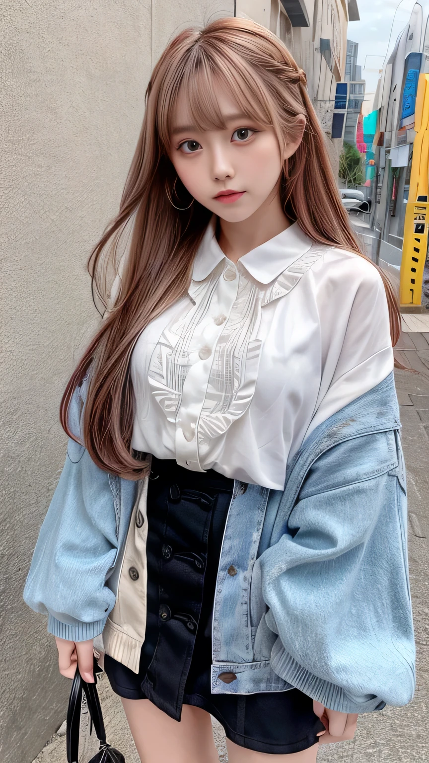 Multicolored hair color、Bangs on the face、Bangs between the eyes、A strong wind blows my hair in front of my face、Beautiful big sparkling eyes, Cute eyes hidden by long bangs、Yawn、No visible nasolabial folds、Short micro mini skirt、Multicolored patterned blouse、15 years old、Blonde French braid hair