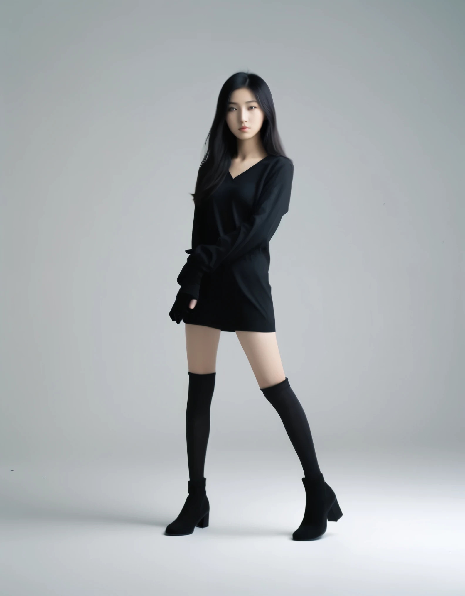 A 19 year old Japanese woman with very tall beauty , Legs long , thick black hair , black suede ankle boots , glove , trampled , White background , distant vision. Super Real , no contrast , softshadows , sharp focus. filmed on film 24 , natural classification, 8K, super detail, high quality, anatomically correct, best quality