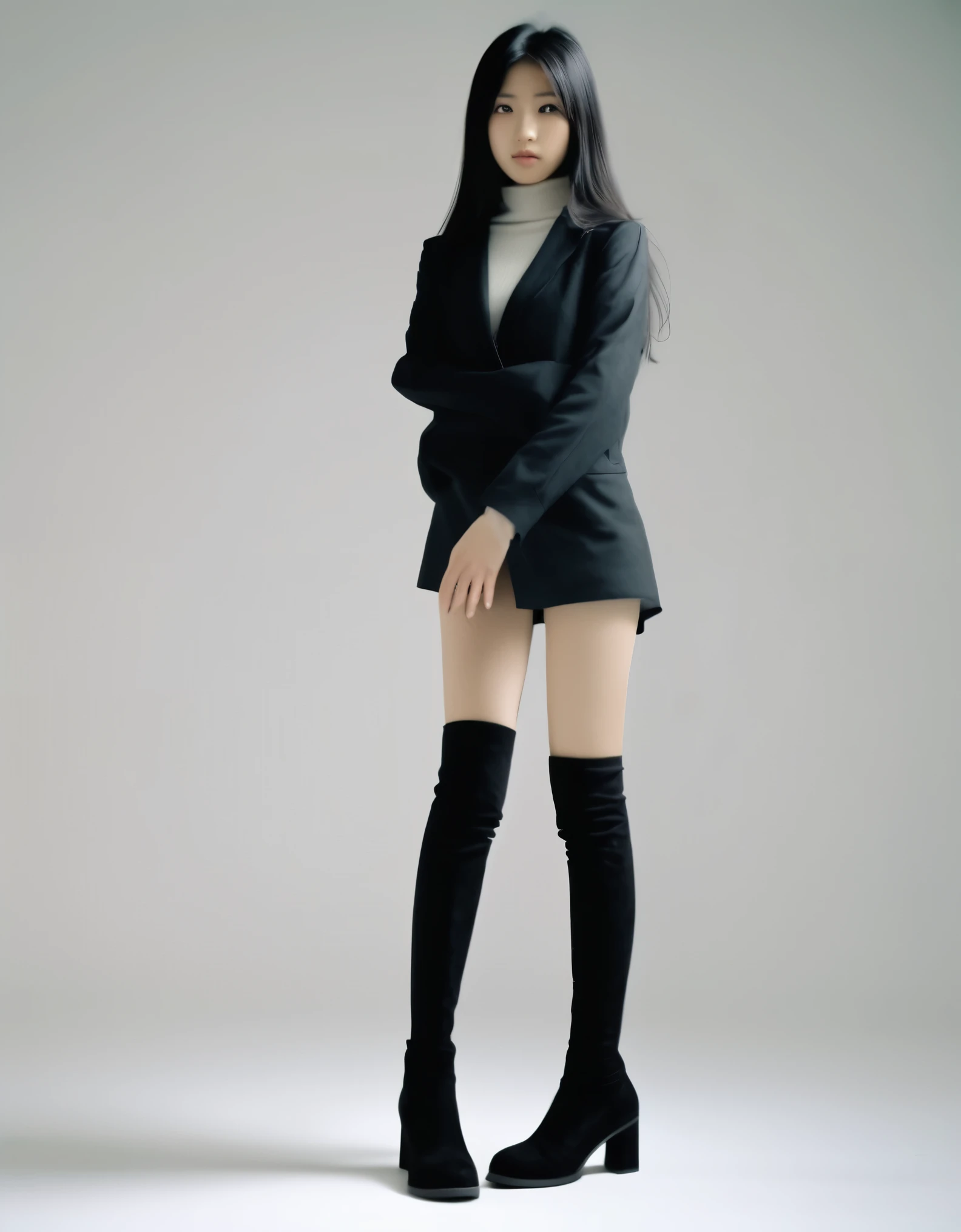 A 19 year old Japanese woman with very tall beauty , Legs long , thick black hair , black suede ankle boots , glove , trampled , White background , distant vision. Super Real , no contrast , softshadows , sharp focus. filmed on film 24 , natural classification, 8K, super detail, high quality, anatomically correct, best quality