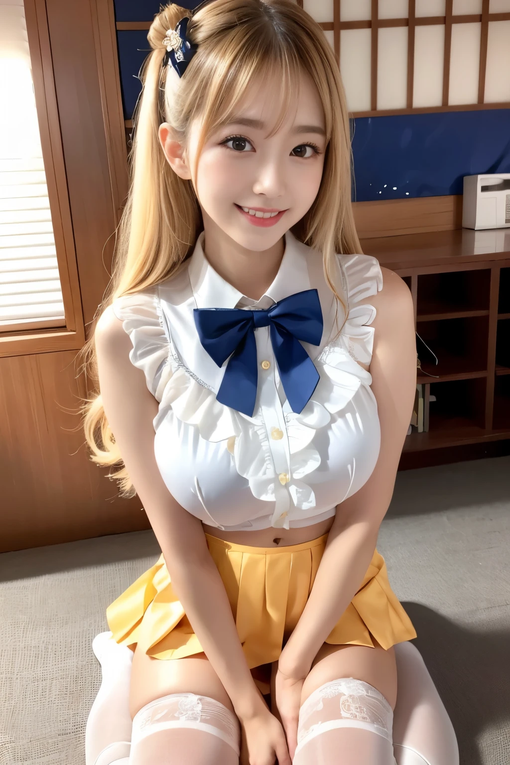 Highest quality、Spread your legs、(Big Breasts)、Face Focus、Soft Light、(Written boundary depth)、Ultra-high resolution、(Realistic:1.4)、RAW Photos、(knees:1.4)、((片方のkneesを軽く曲げる))Three Japanese Girls、Three 20-year-old girls、Huge 、(shy、Sexy seductive smile:1.1)、(Moonlight Eyes)、Beautiful face in every detail、(blonde, Cute hairstyle, 強調された超Hugeな非常にHugeな胸の谷間が見える)、High angle shot、Center View、Two Arab Asian women sitting at a desk wearing satin clothes、Amazingly cute sexy girl、Japanese Girls、Wearing a lace slip shimmy、Surreal 、Surreal 、 Sexy and seductive lewd poses with hugging and touching、Ezvian Everywhere、Beautiful Skin、Glowing Skin、Nice thighs、Shining thighs、Shining Legs、kneesの白いハイソックス、Luxurious Japan bedroom 、Nogizaka idol、Korean Idol、We invite you、(idle, (school festival frilled costume:1.3),(mini skirt:1.3),zettai ryouiki,bow tie,hair ribbon,large breast,
(button gap:1.1),sleeveless,cuffs,tights)))