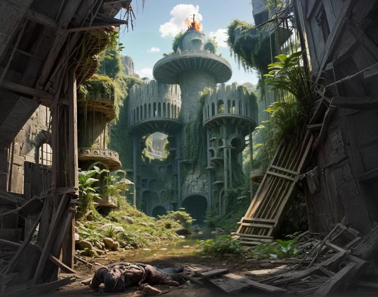 A medevel scene of tortured men on spikes after a bloody battle. A stone and wooden fortress on a cliff. A wooden drawbridge leads to the towers outside the fortress..bodys are burning or hung on crosses. Voltures are picking at the dead corpses of the fallen men. After war Carnage.