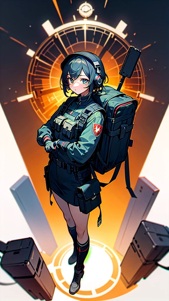 ((high quality)), ((masterpiece)), 8K, One girl, Bulletproof vest, light, 非常に詳細な CG ユニティ 8K 壁紙, Game CG, View your viewers, gloves, boots, whole body, clock, computer, mask, Drone, Headphones, Jacket, bag, Backpack,Driving in a car