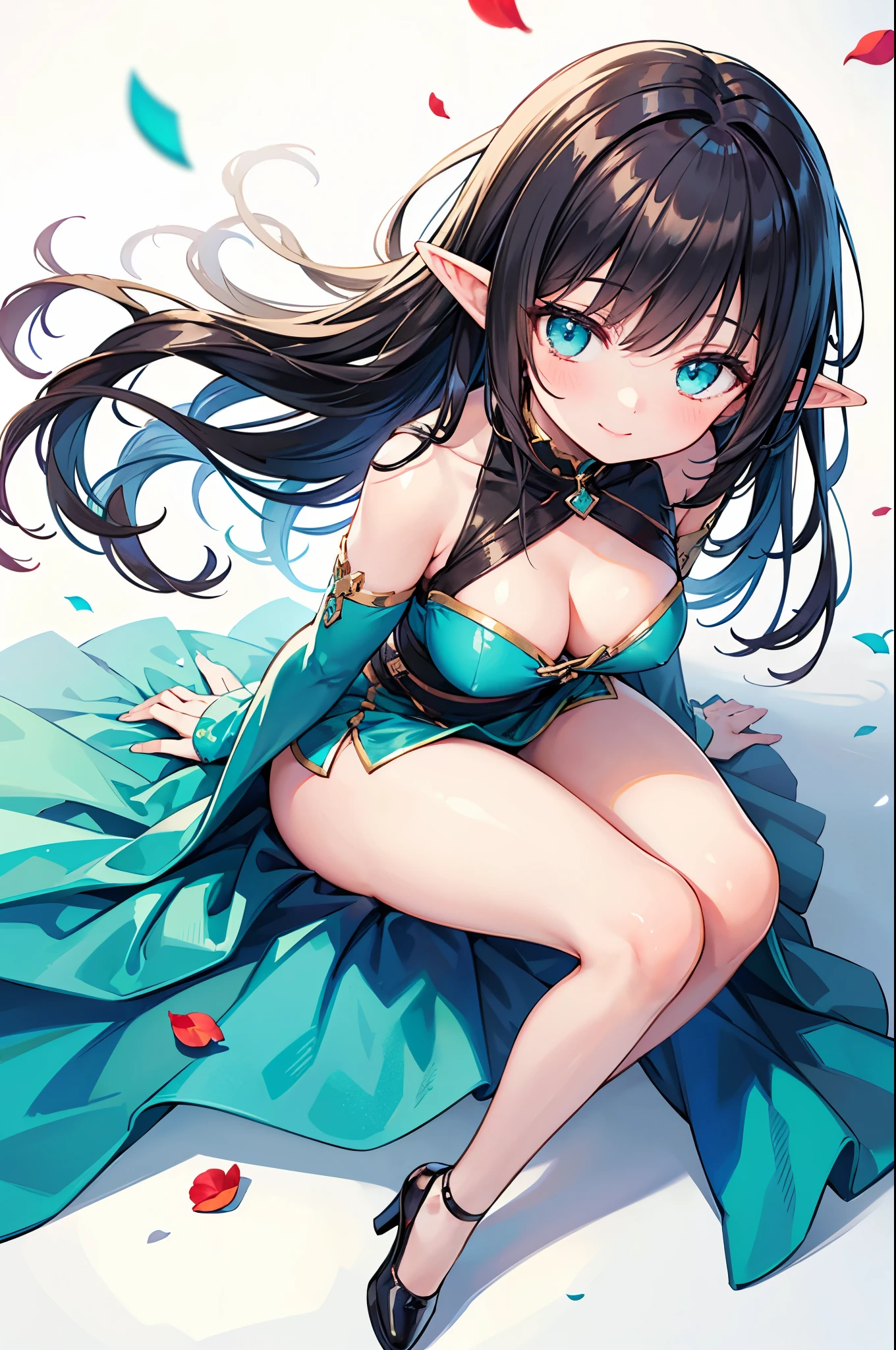 realistic image, detailed image, coherent image, 1 beautiful elf, she has very long hair, black hair, turquoise eyes, smiling, She is wearing a dress, showing her legs, She has a curvy body, medium breasts and thick thighs , She is sitting, posing sensually, arching her back, sprouting breasts, full body view, view from above, flower petals falling around, background surrounded by flowers, Soft focus, Dramatic shadows, Volumetric lighting, natural lighting, illumination artificial, white background, soft background,bzyyzg \(manaka nemu\)