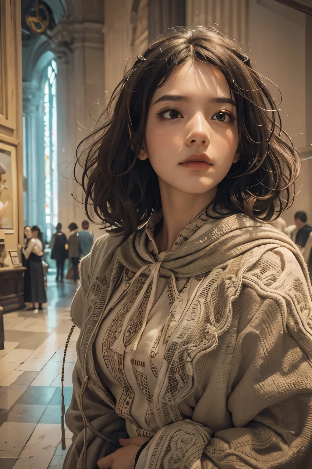 Raped woman with permed hair, what makeup, without makeup, Centrally separated curtain bangs, Profile picture, Use Instagram Filters, Subtle soft and dim light, Pose looking around the museum, Sculpture, Landmark, perfect face, julia sardinian, perfect hands, Random behavior, (full_body),
