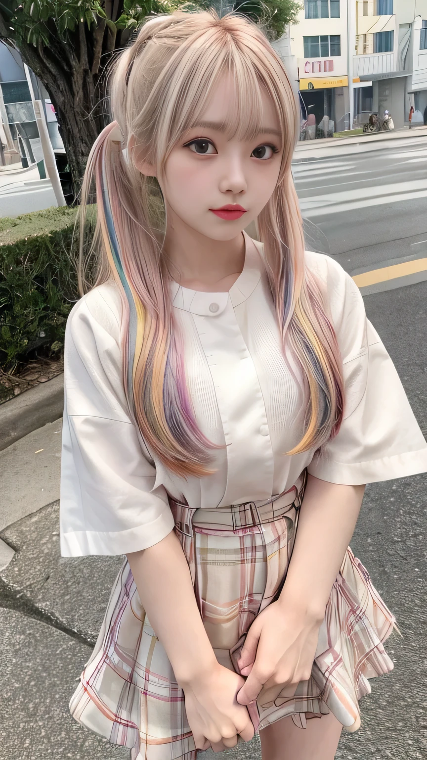 Multicolored hair color、Bangs on the face、Bangs between the eyes、A strong wind blows my hair in front of my face、Beautiful big sparkling eyes, Cute eyes hidden by long bangs、Yawn、No visible nasolabial folds、Short micro mini skirt、Multicolored patterned blouse、、Blonde ponytail hair