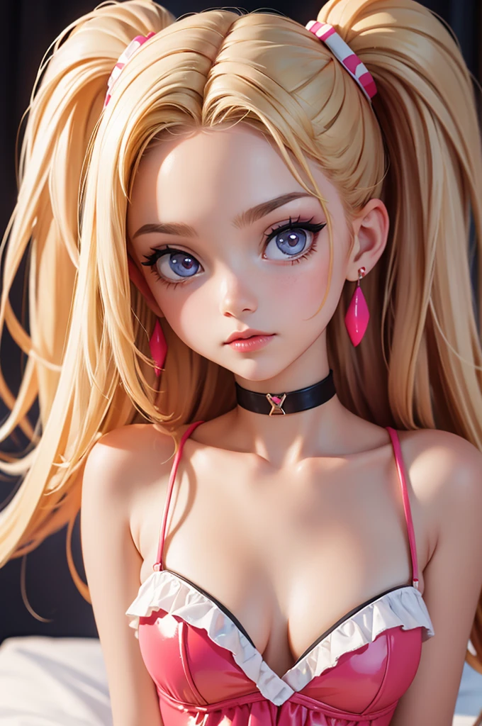 (bedroom) hyperrealistic 14 year old american teen, blonde, perfect tiny body, , dark makeup, choker, perfect slim face, big red lips, very cute face, tiny body, big eyes, young looking, childish looking, big earrings, pink tube latex dress